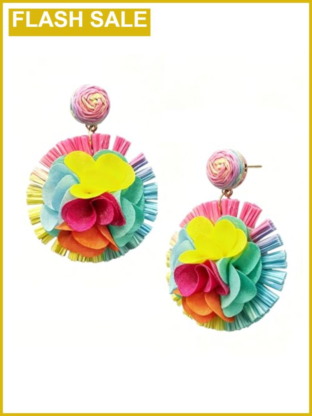 Raffia Flower Drop Earrings Fabric Rattan Boho Beach Summer Jewelry